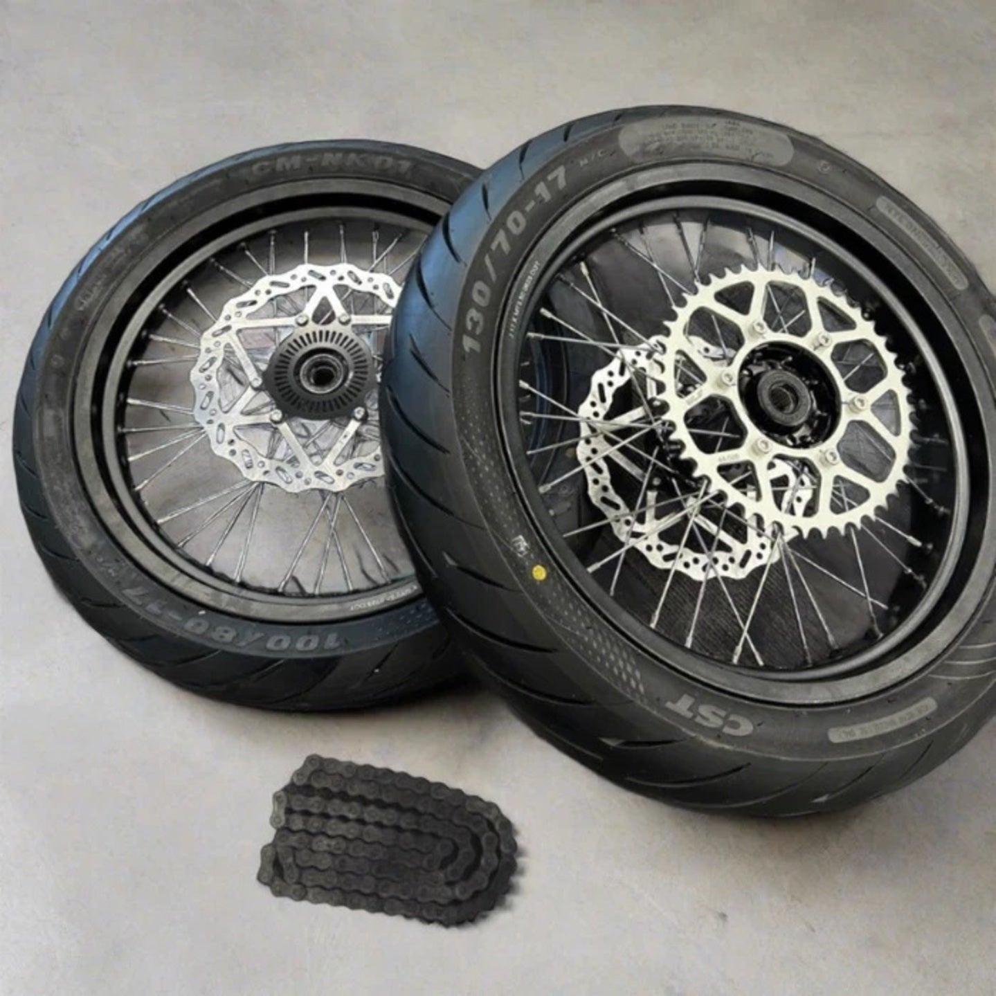 17" Ultra Bee  supermoto wheel set for Sur-Ron bikes, on-road wheel set with ADR approved tyres.