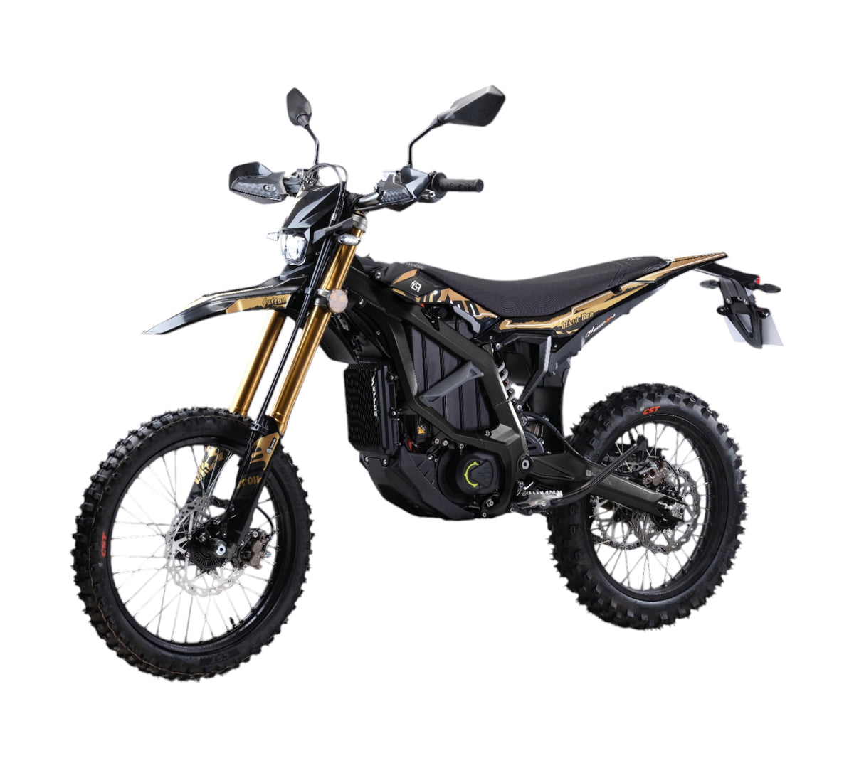 A black and gold off-road electric dirt bike with knobby tires, gold front forks, and a black seat, shown from a three-quarters front angle on a white background.