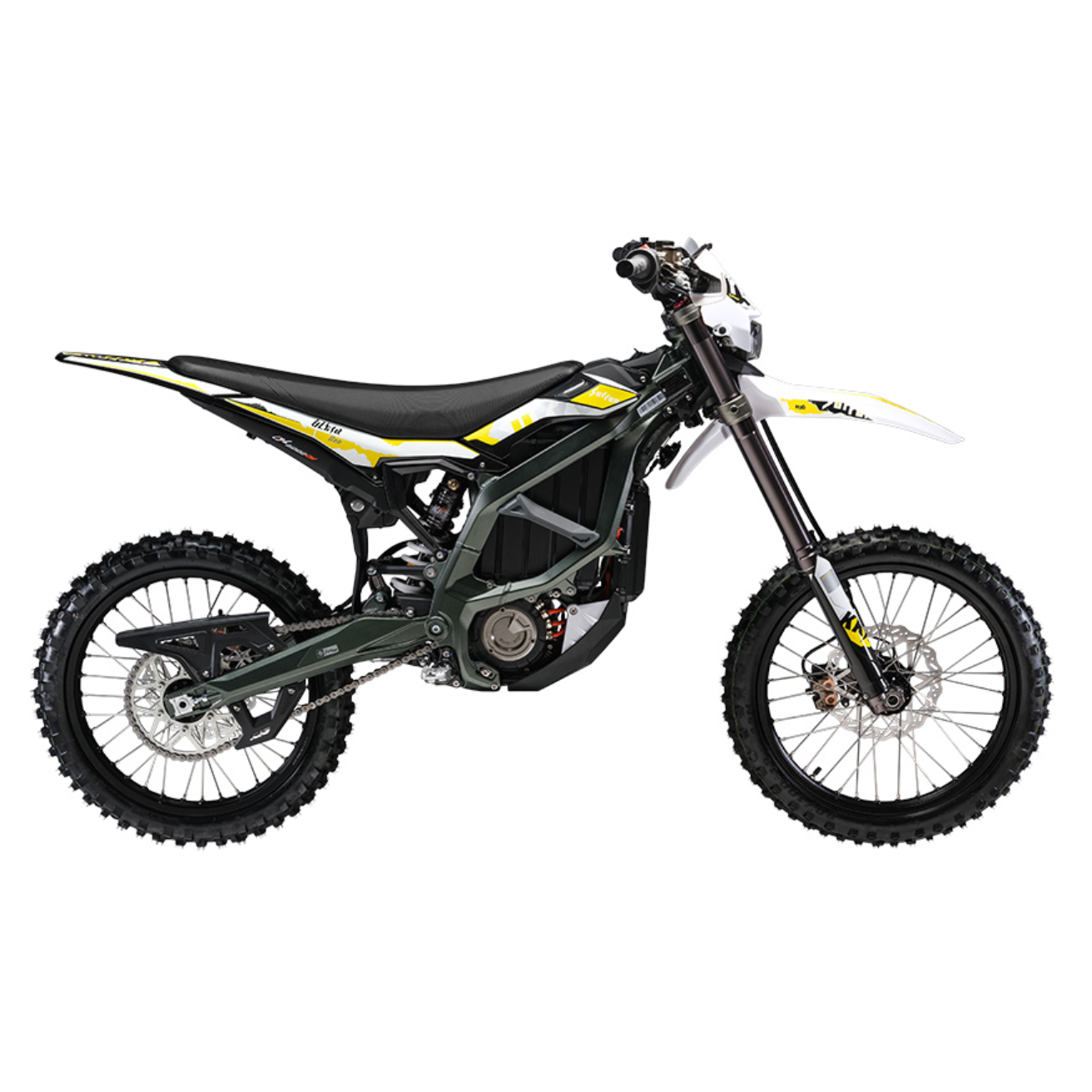 Surron Ultra Bee MX enduro version electric dirt bike stock photo white background featuring an ebike front on shot