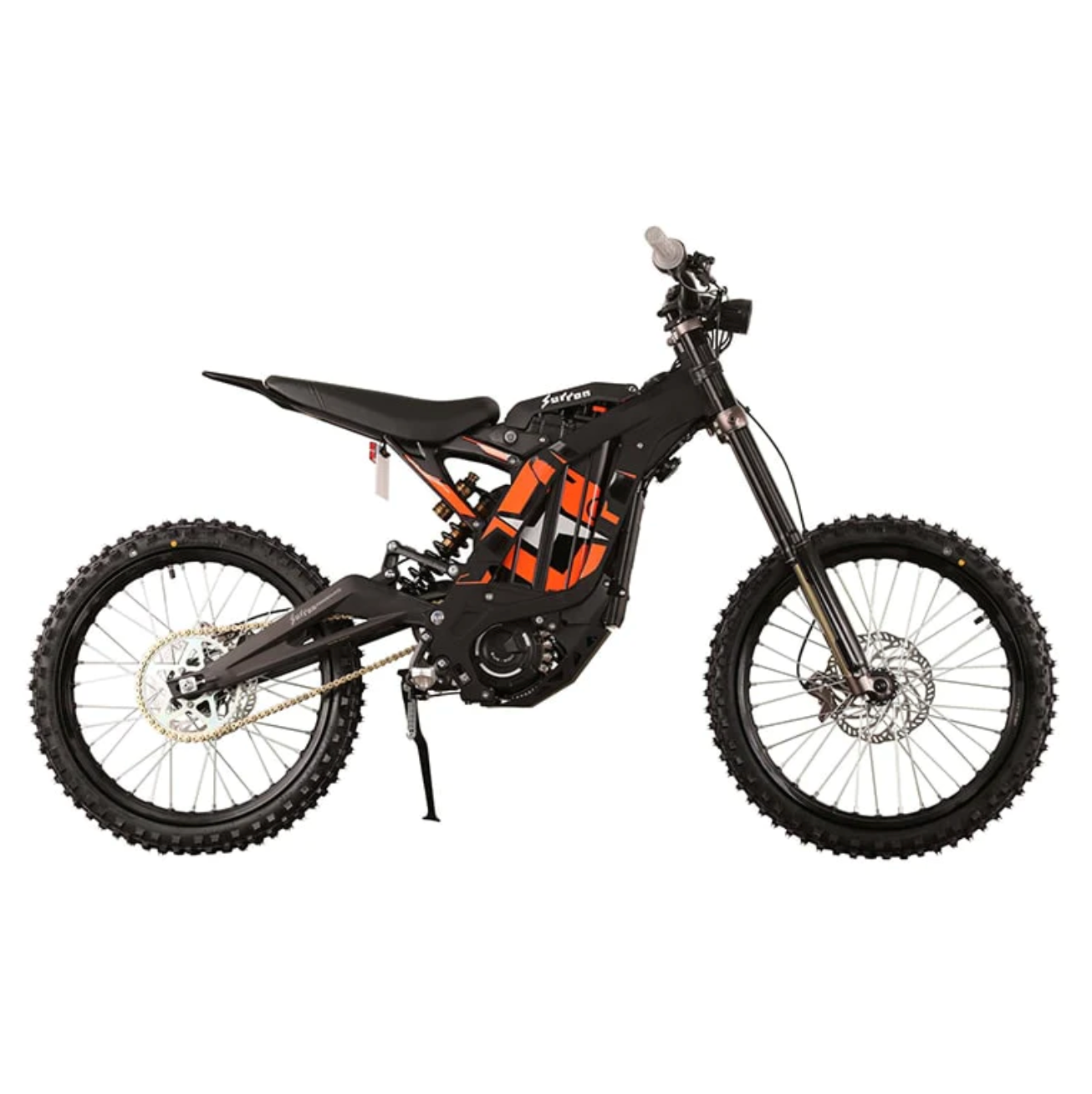 Surron Light Bee X 2023 model stock photo with white background. Electric dirt bike ebike front-on shot in black with orange livery.